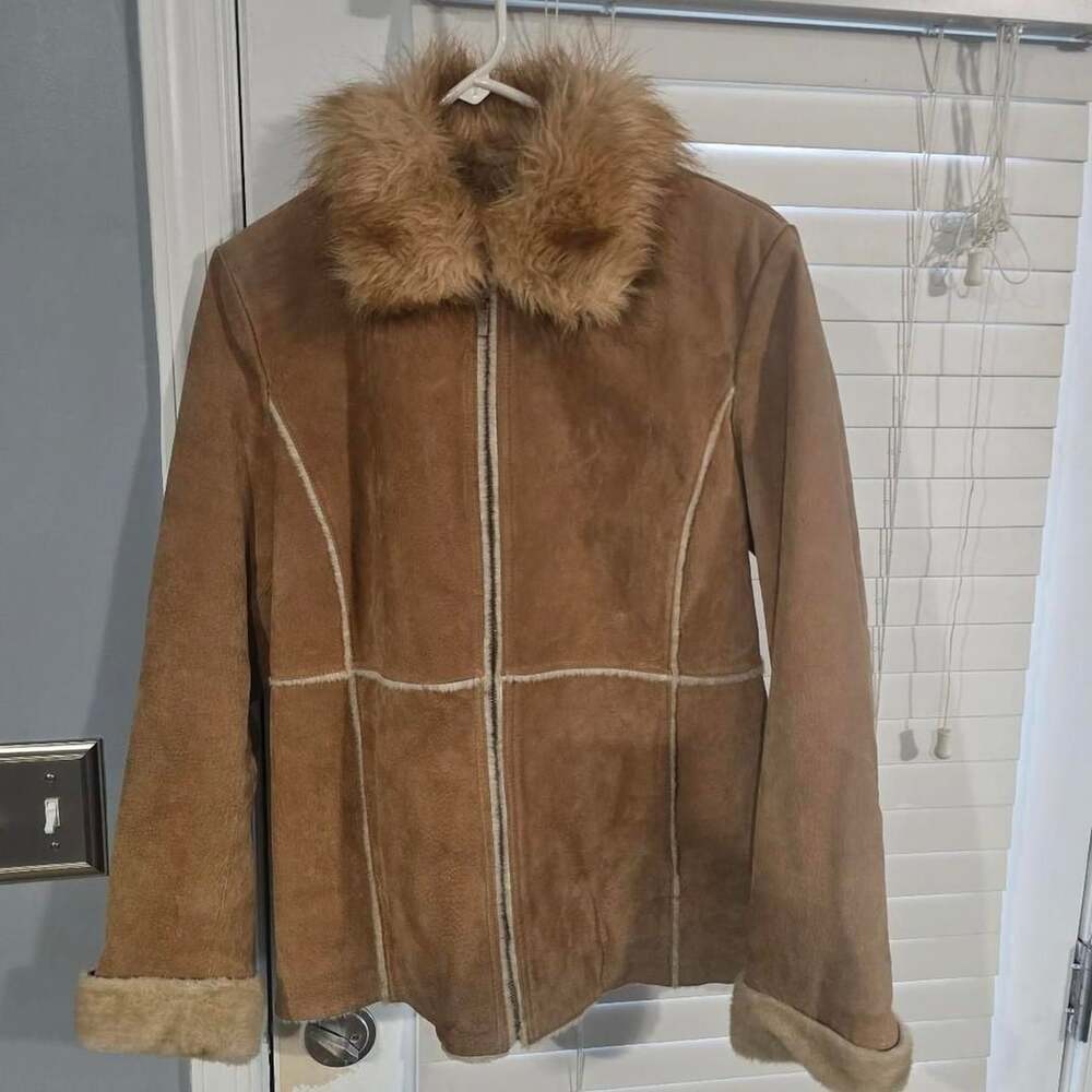 Giacca Vintage Leather Suede Penny Lane Jacket Size S Tan Y2K Padded Shearling T